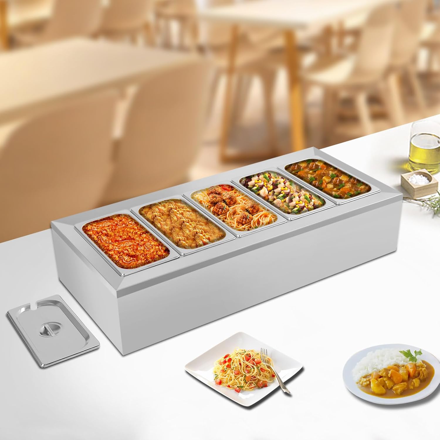 Pizza Topping Station, Stainless Steel Pizza Topping Station Tabletop Placement Commercial Spice Rack Set with Lids & Colander Capacity 80kg/176lbs for Schools, Dining Cars