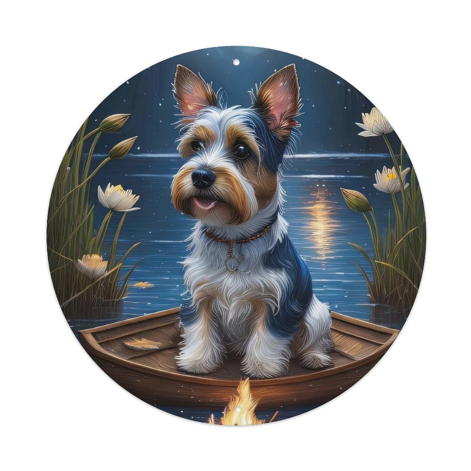 Animal Artwork Bichon Frise by The River Vintage Metal Tin Sign Plaque Wall Decor for Cafe, Club, Garden Round Metal Poster 8x8Inch