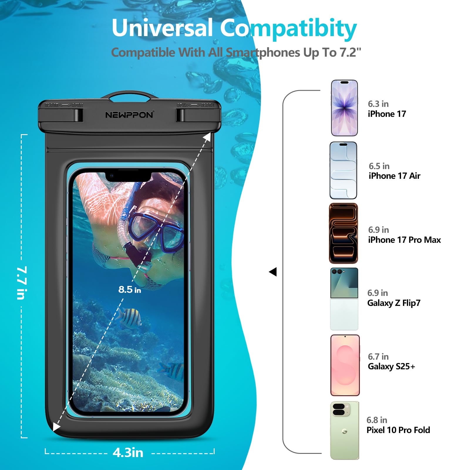 Wasserdichte Handy-Tasche für iPhone 17, 16, 15 Pro Max Plus, Samsung Galaxy S25, S24, Ultra Note für Strand, Schwimmen, 21,6 cm, wasserdicht, 100 Stück