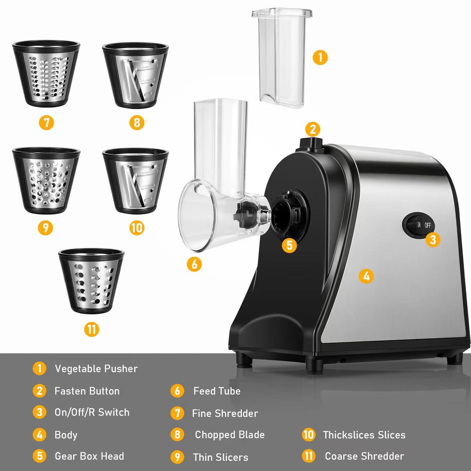 Râpe à fromage électrique, machine à salade avec 5 lames différentes, 250 W, trancheuse électrique pour la maison, la cuisine, râpe électrique pour fromages, fruits, légumes, sans BPA