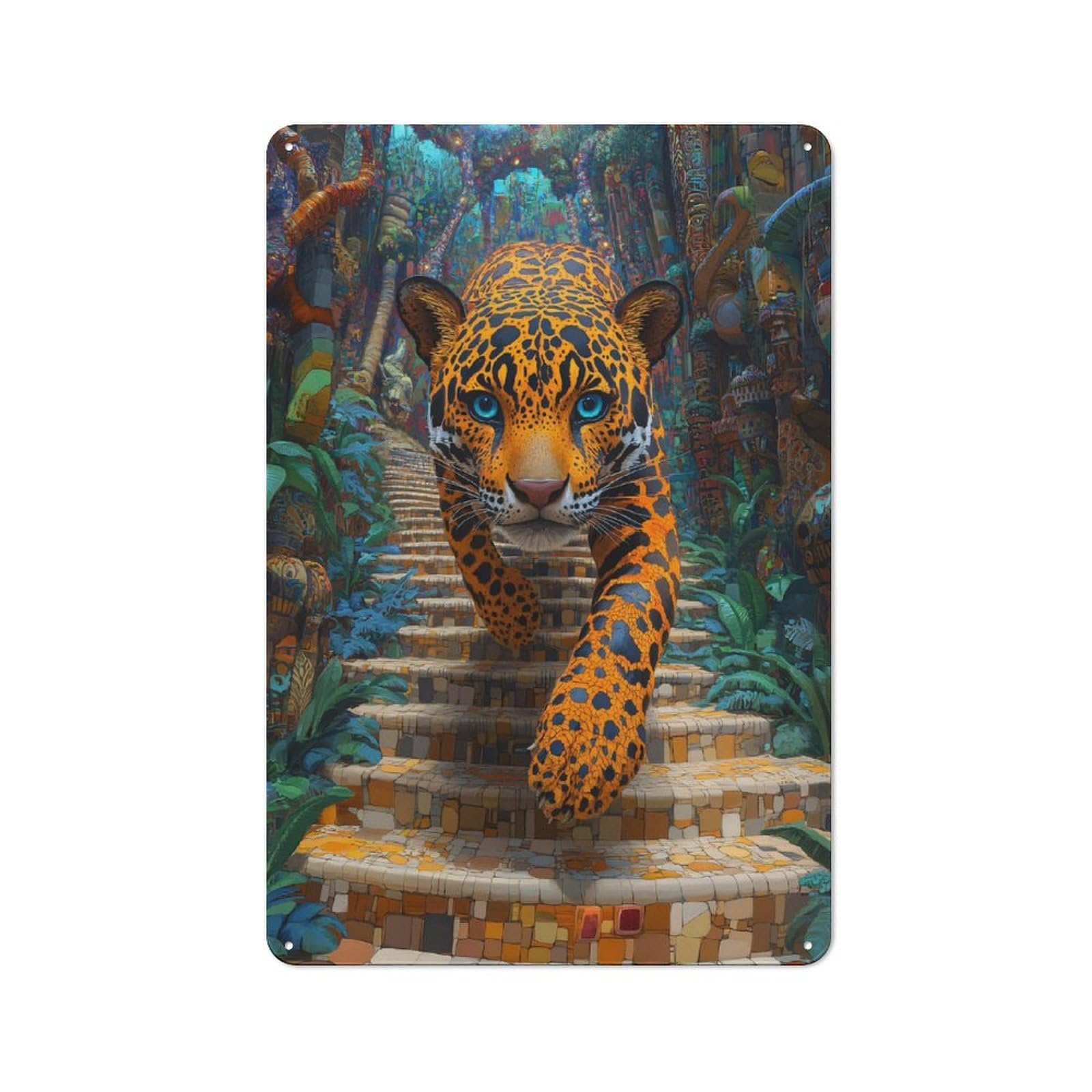Junmoney Style-9 Vintage Metal Sign 30X20cm Featuring Jaguar On Ancient Steps For Pub Or Café, Wall Decor For People Reorganising Pub And Café