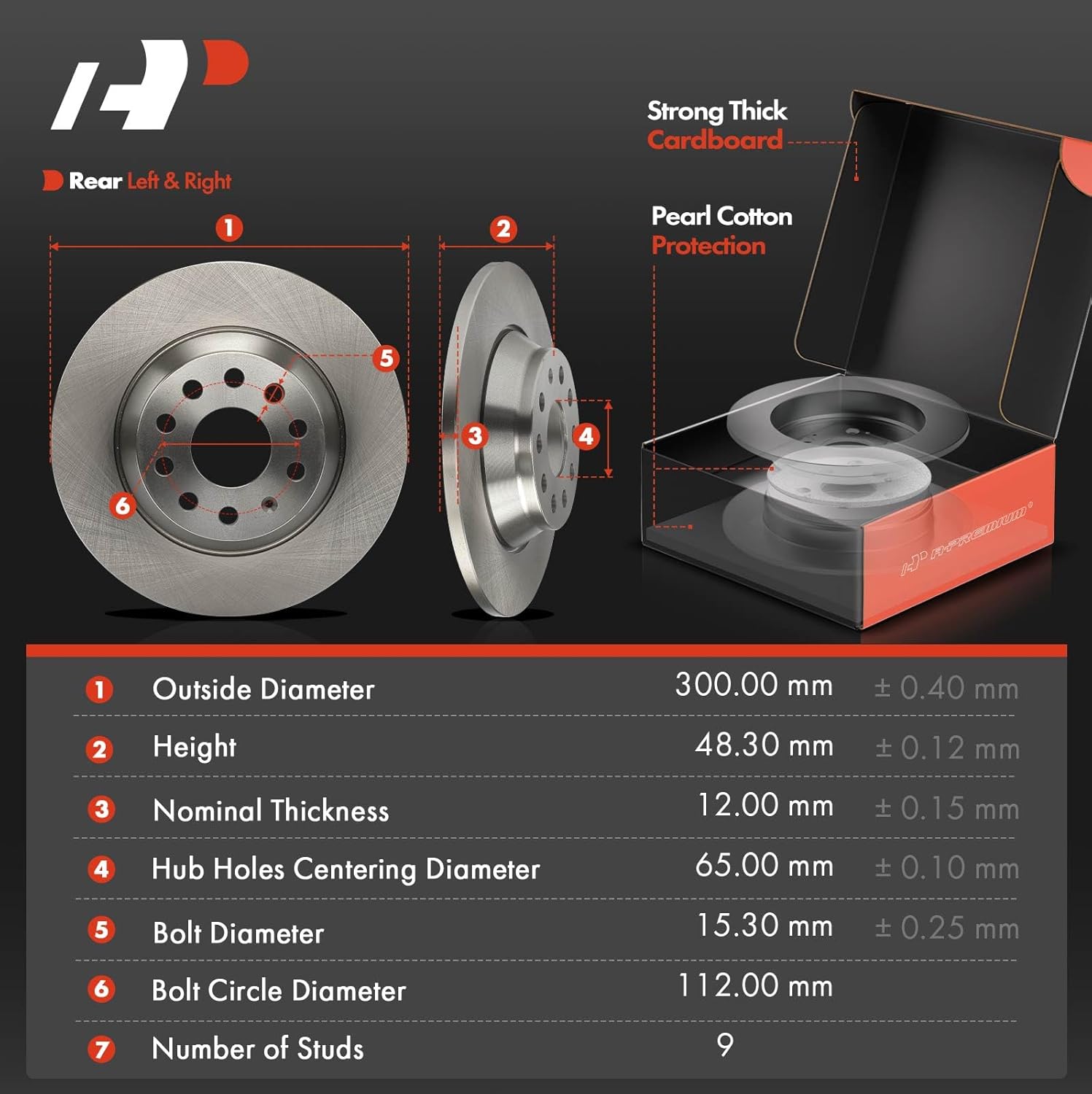 A-Premium 11.81 inch (300mm) Rear Solid Disc Brake Rotors + Ceramic Pads Kit Compatible with Select Volkswagen and Audi Models - Jetta 2019-2023, Golf, Tiguan, Q3, TT Quattro, Arteon, 6-PC Set