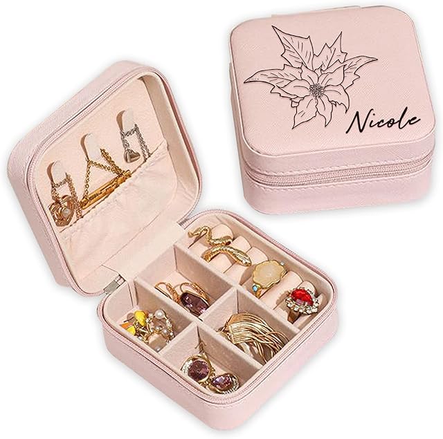 Custom Jewelry Box, Personalised Travel Small Jewelry Box with Name & Birth Flower Month, for Rings Earrings Necklace Bracelet Bangle,Gifts for Girls Women Mom Birthday(White)