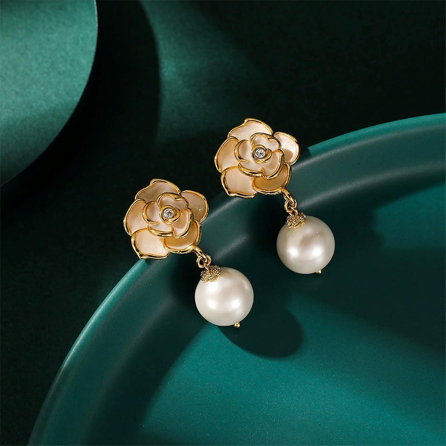 925 Sterling Silver Gold Dangle Earrings for Women, Floral Pearl Drop Bridal Gift - Image 6