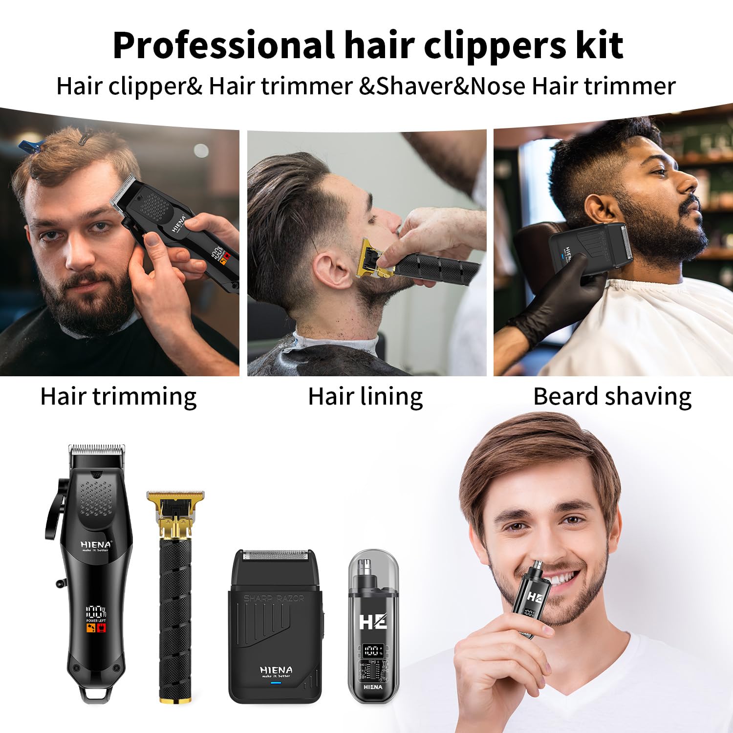 HIENA PRO Professionelles Haarschneidemaschine Set für Männer, schnurloser Friseurschneider und elektrischer Folienrasierer, Nasenhaartrimmer, Haarschneide-Set, R-Type verstellbare Klinge, LED-Anzeige