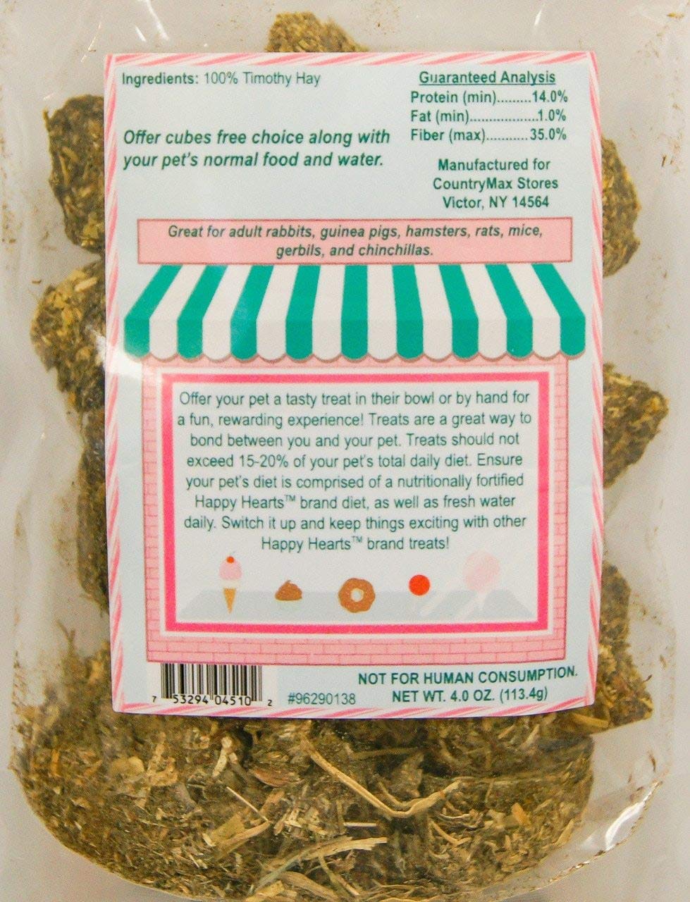 Happy Hearts Treat Shop Small Animal Timothy Hay Mini Cubes, 4 oz.