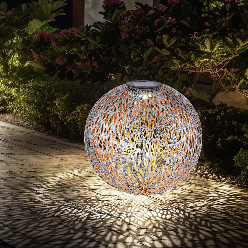 Solar Kugelleuchte Außen Solarkugelleuchte Garten, Dekor Stanzungen, antik-silber gold, LED AKKU, DxH 27 x 38 cm, 2er Set