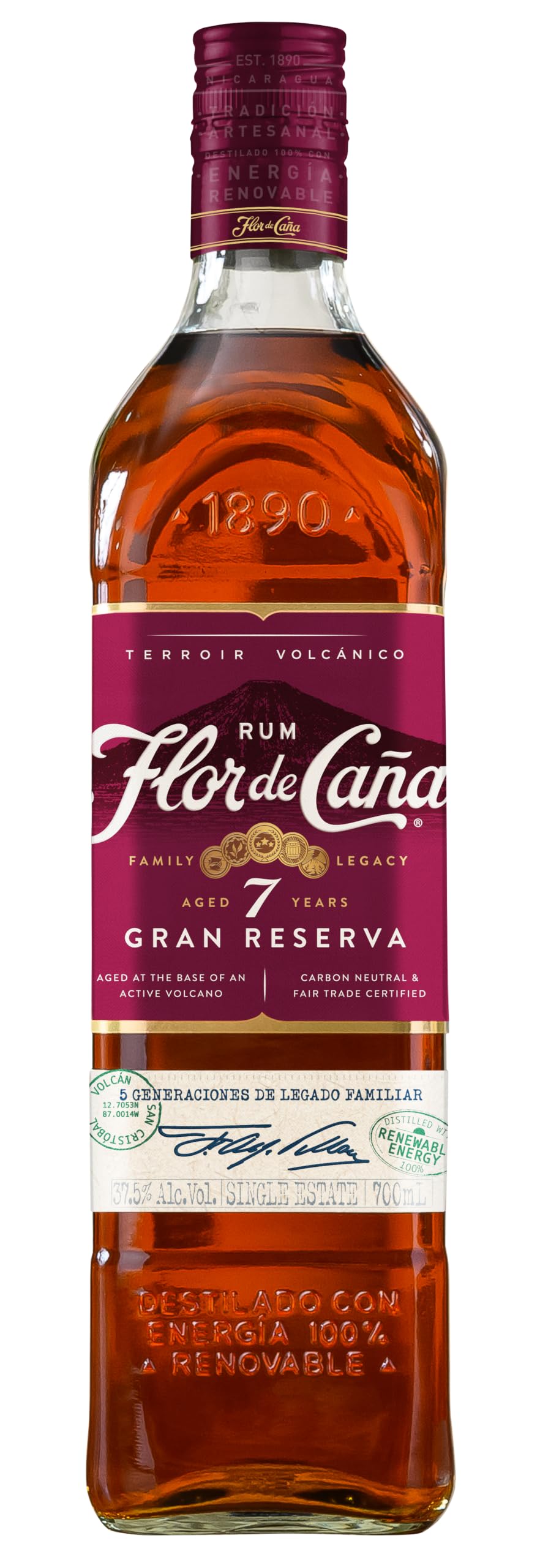 Flor de Caña 7yr Gran Reserva Rum 70cl, 37.5% ABV | Sustainably produced, Premium Aged Rum | Nicaragua