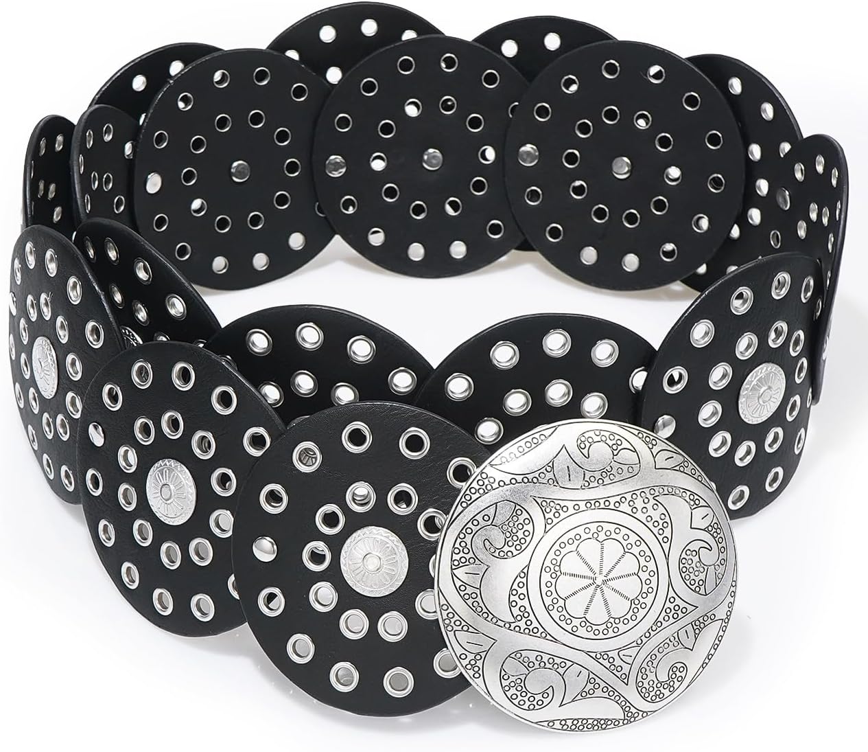 Suyi Wide Disc Belt for Women Leather Hollow Out Round Belts Vintage Western Waist Belt