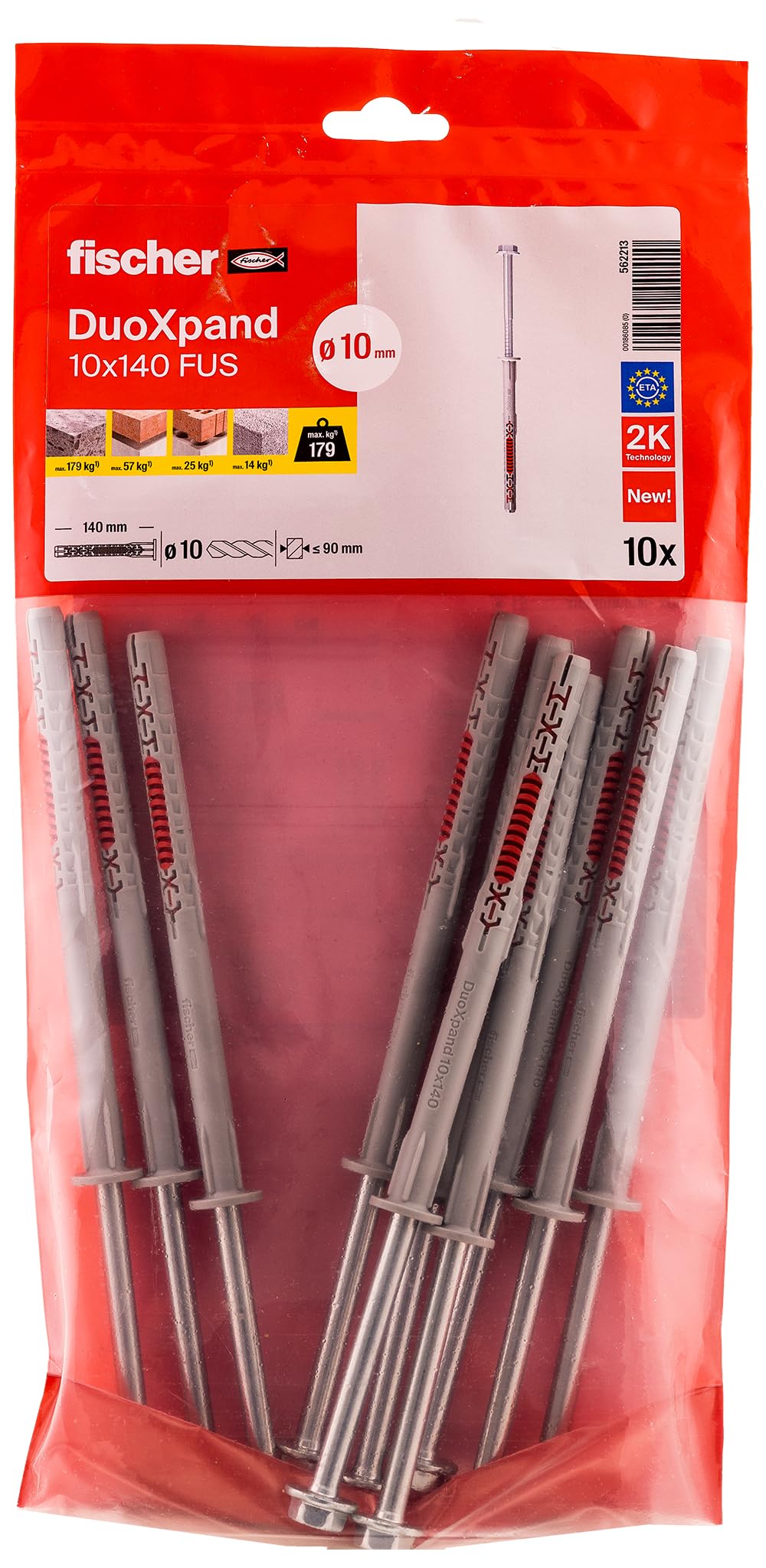 Fischer Red Duoxpand 10 X 140 Fus, High-Quality Universal Dowel With Hex Screw & Moulded U Washer (Pack Of 10), Dowels For Strong Hold, Ideal For Porous Building Materials & Close To Edge Anchors
