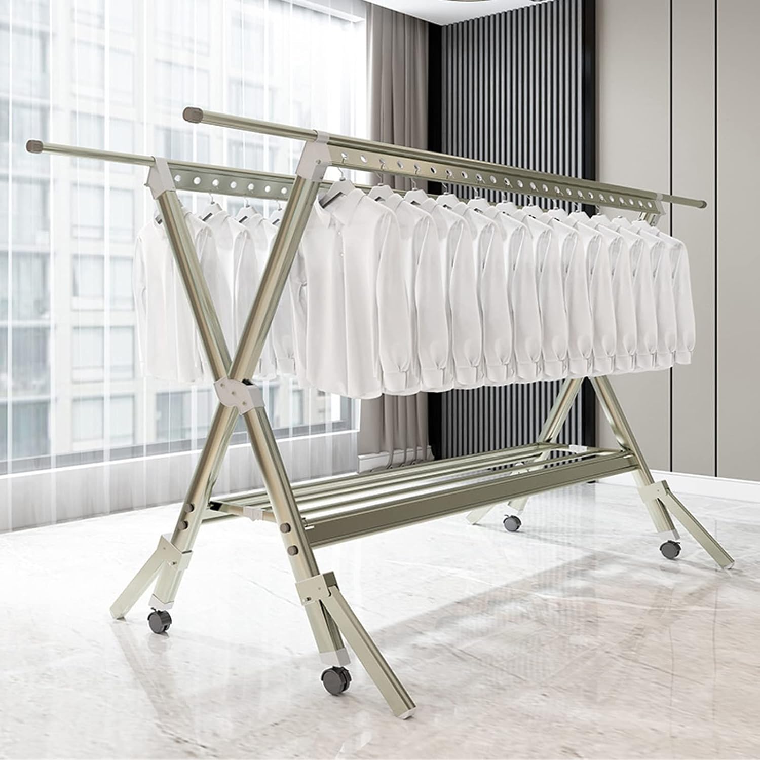 Foldable Portable Clothes Drying Rack - Aluminium Alloy Collapsible Clothes Airer with Casters, Space-Saving Design, Isometric Windproof Hanging Holes, Extendable for Efficient Drying