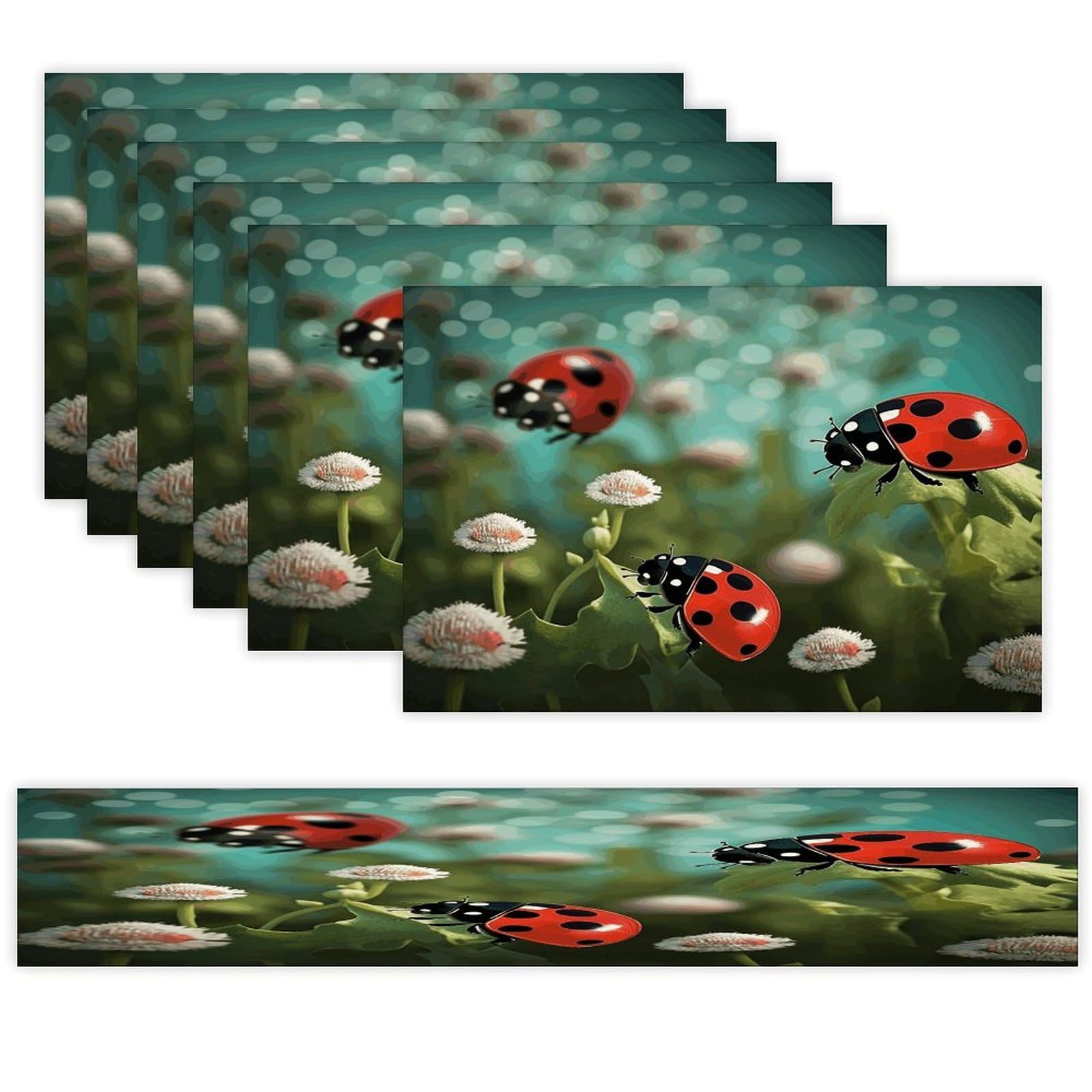 Ladybug Landscape Table Runner and Placemats Set of 6 for Kitchen Washable Table Mats Heat Resistant Place Mats Non-Slip Place Mat Wipeable Placemat(6 Placemats+1 Table Runner)