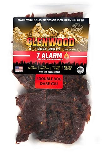 Glenwood Jerky 7 alarma, hecha con madera ahumada real, bolsa de 10 onzas, carne seca realmente caliente a granel, pimienta fantasma, Carolina