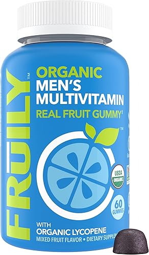 Gomitas multivitamínicos frutalmente orgánicos para hombres Ingredientes orgánicos vitamina A C D3 E K B6 B12 y zinc Hecho con fruta real goma