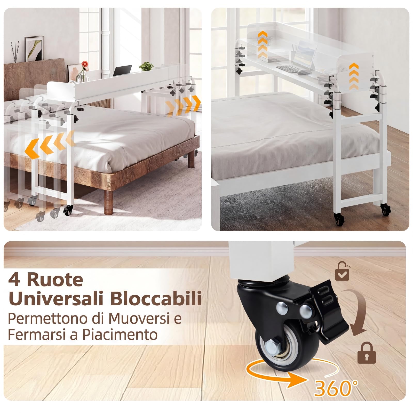COSTWAY Scrivania da Letto con Ruote, Tavolino da Letto Salvaspazio con Altezza e Lunghezza Regolabili, Telaio in Metallo, Scrivania Portatile per Camera da Letto, Soggiorno e Ospedale (Bianco)