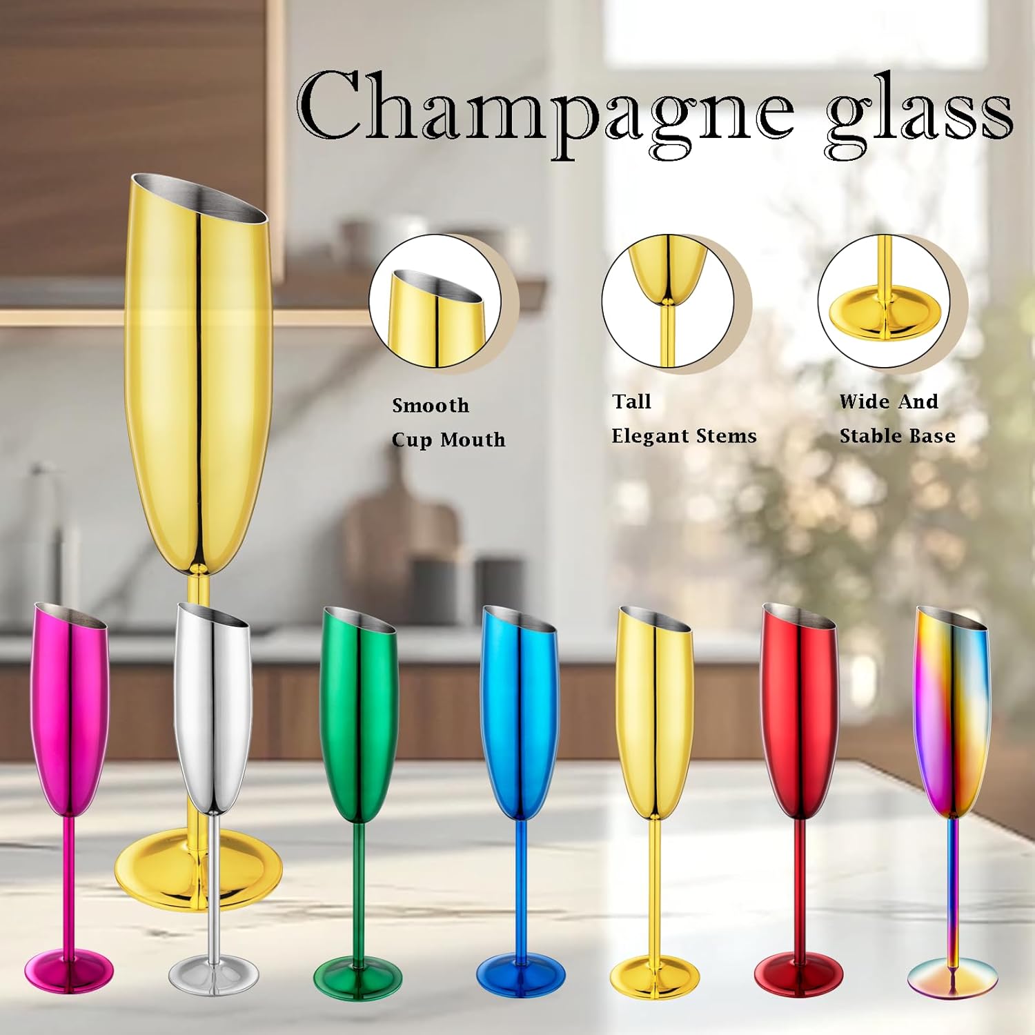 Champagne Flutes Set of 2, Premiumty Stainless Steel High Footed Champagne Glasses, 7oz Capacity,Unbreakable Slanted Champagne Glasses - Image 6