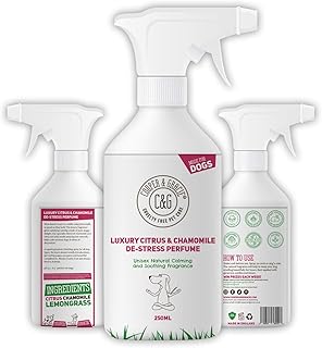 C&G Pets - Perfume de estrés para perros en espray de 250 ml | Perfume para perros | Colonia para perros para calmar cachorros nerviosos y ansiosos | Aceites esenciales de manzanilla cítrica