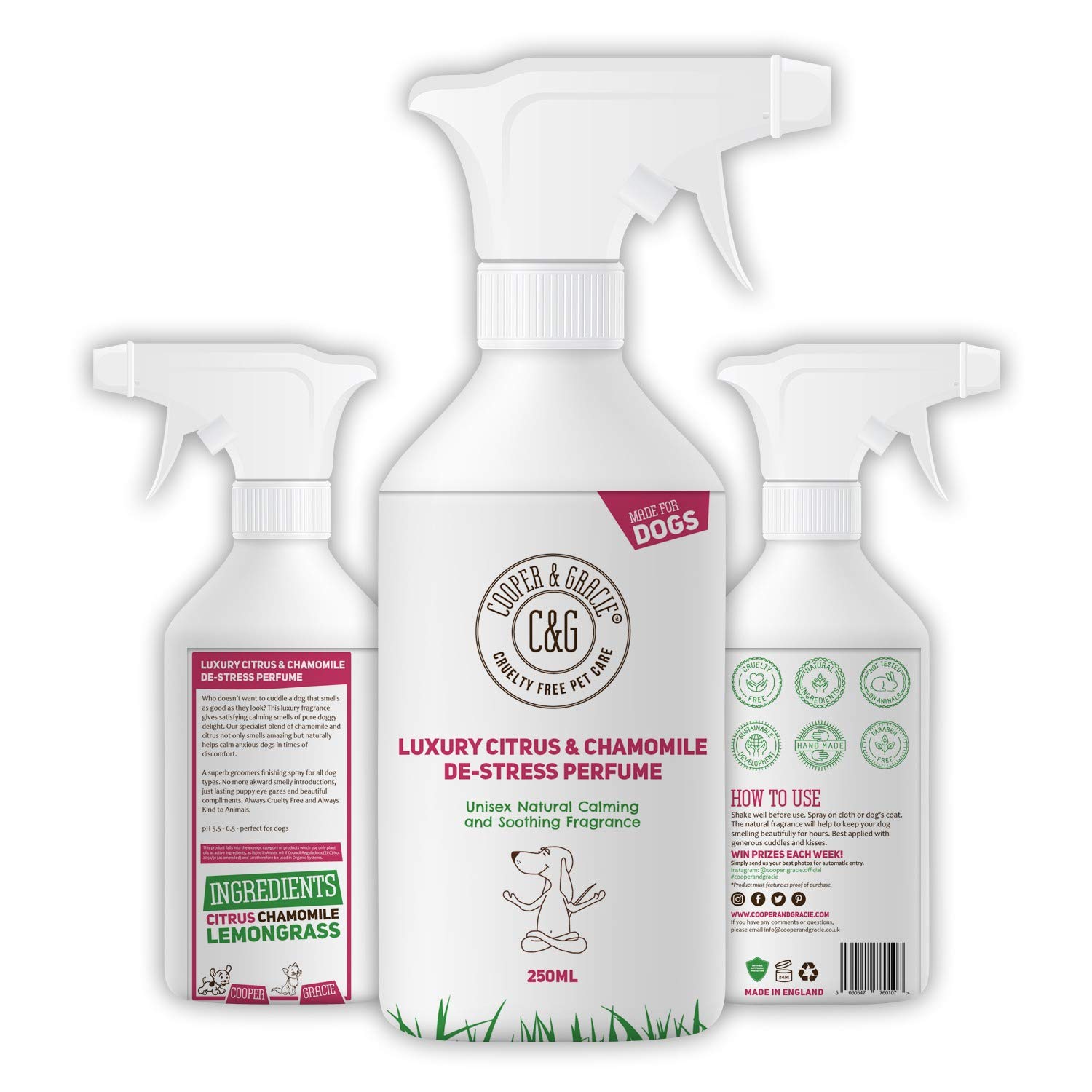 C&G Pets | De Stress Perfume Spray pour chien 250 ml | Parfum pour chien | Eau de Cologne pour chien pour calmer les chiots nerveux et anxieux | Huiles essentielles d'agrumes et de camomille et de
