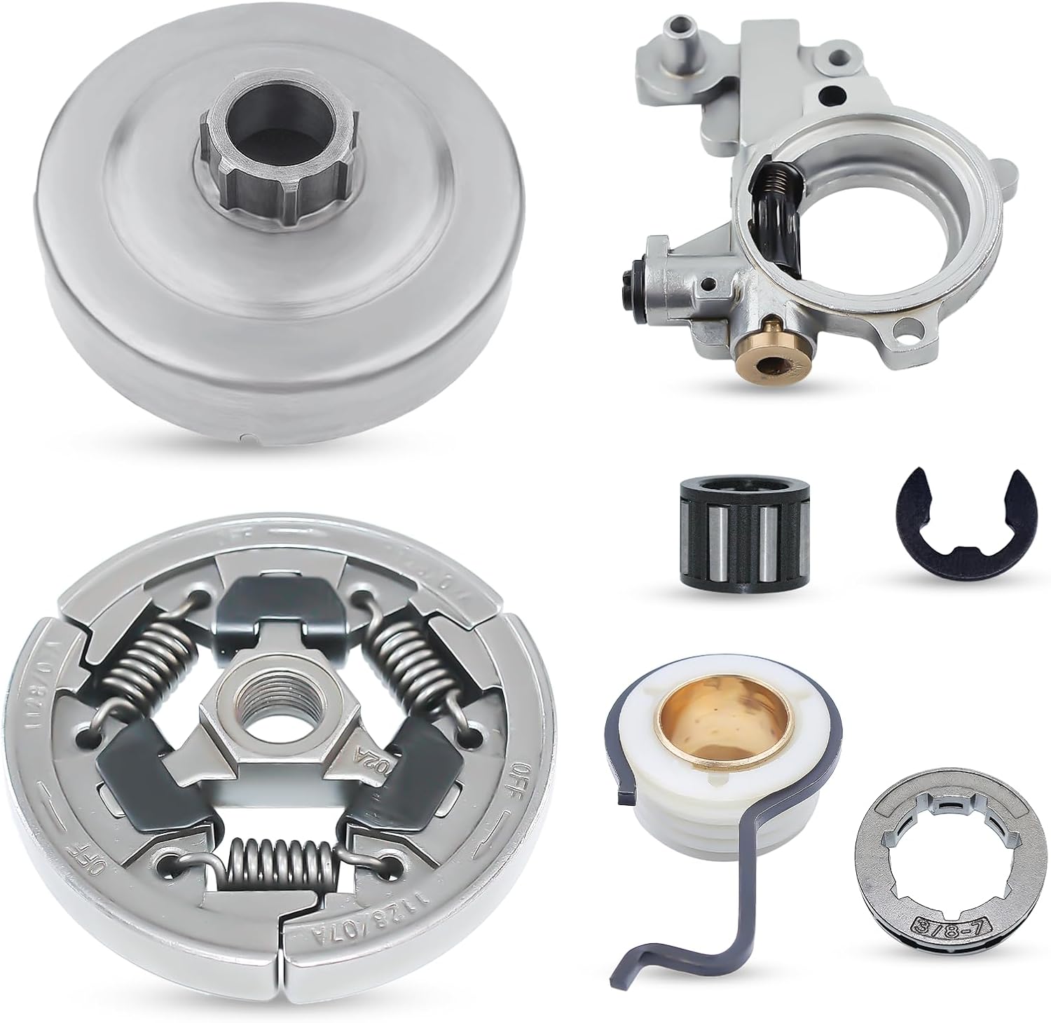 3/8"-7T Clutch Drum Sprocket Rim Oil Pump Kit for Stihl 044 046 MS341 MS361 MS362 MS362C MS380 MS381 MS440 MS441 MS460 Chainsaw with Worm Gear Bearing E-clip Replace 11280071000 11351602050