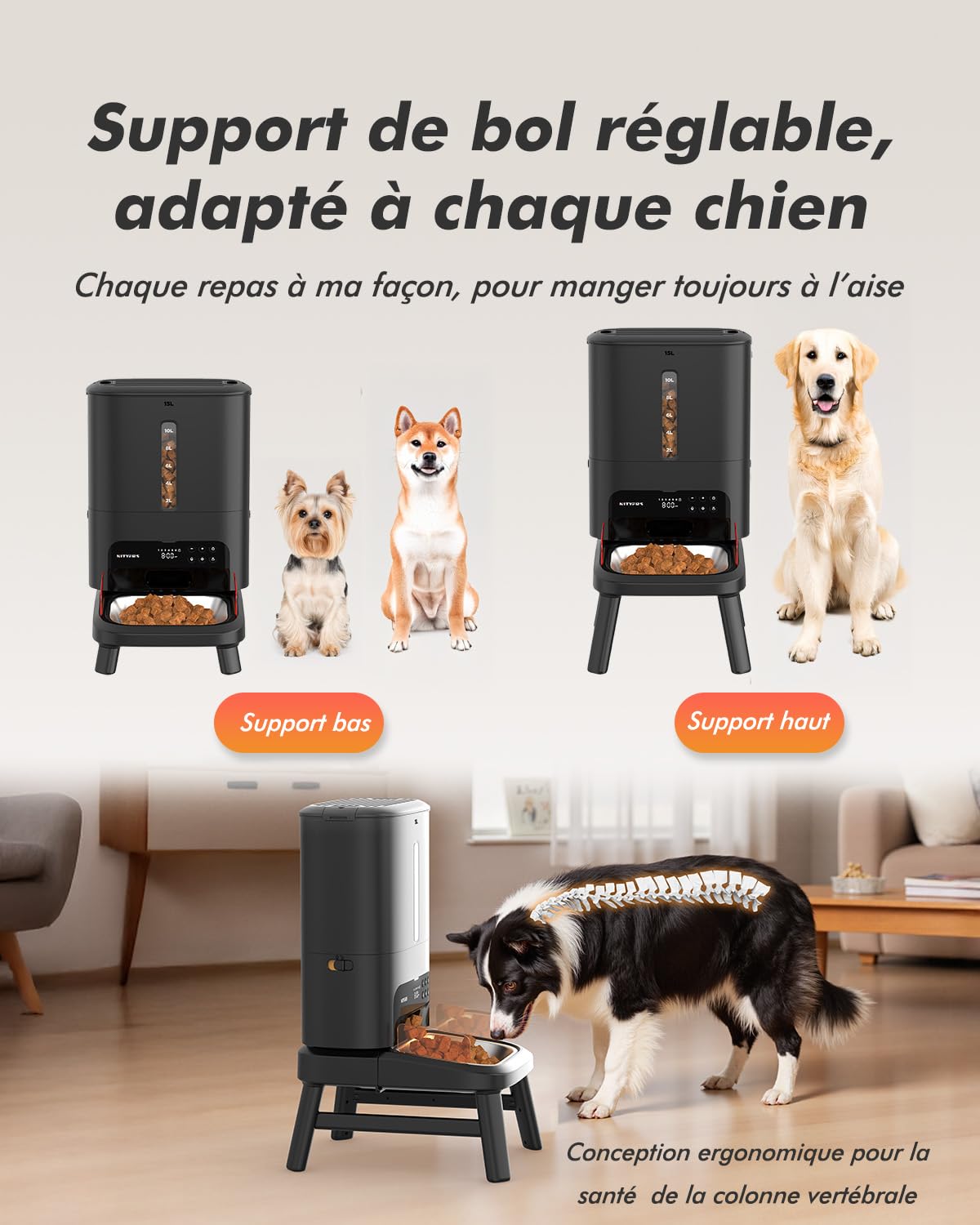 Distributeur Croquettes Chien Automatique, 15L Grande Capacité | Croquettes Jusqu'à 18mm, Support Réglable en 2 Hauteurs, Alerte Niveau Bas, pour Chien de Grande Taille et Chats Multiples