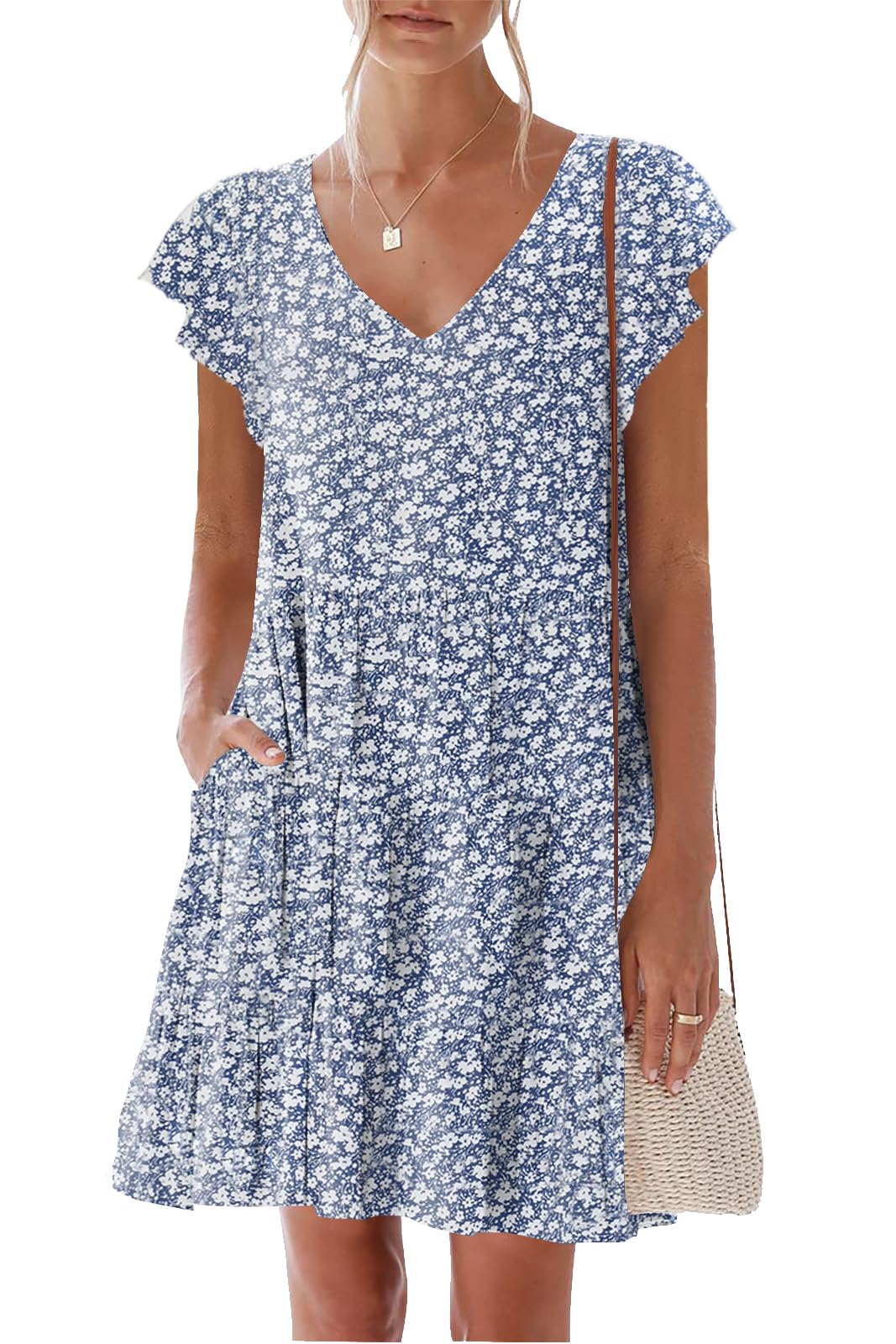 nclook Womens Summer Casual Dresses Sweet Cute V Neck Mini Dress with Pockets Ruffle Short Sleeve