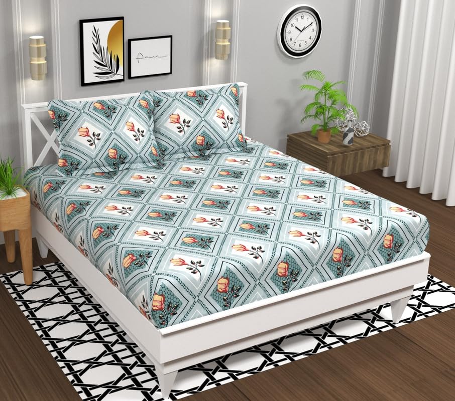 BSB HOME 3D Printed 144 TC Microfiber Double Bedsheet with 2 King Size Pillow Covers (Grey and Green Small Rose Print, 90 X 90 Inches)