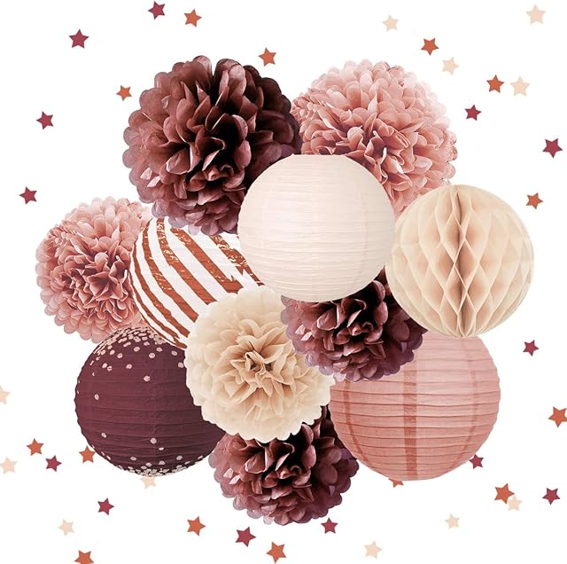 NICROLANDEE 12 Pcs Cinnamon Rose Gold Paper Lanterns Tissue Pom Pom Party Confetti 50G for Retro Wedding, Birthday, Engagement, Bridal/Baby Shower, Garden Party, Valentines Day Decorations
