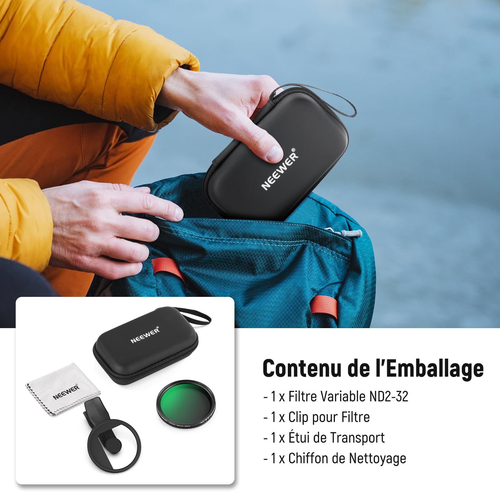 NEEWER 67mm Filtre ND Variable Compatible avec iPhone,Filtre à densité Neutre ND2-32 à Clipser, Kit d'accessoires Photo pour iPhone 17, 16, 15 Pro Max Plus, 16e, 14, 13 Mini, FL-B25