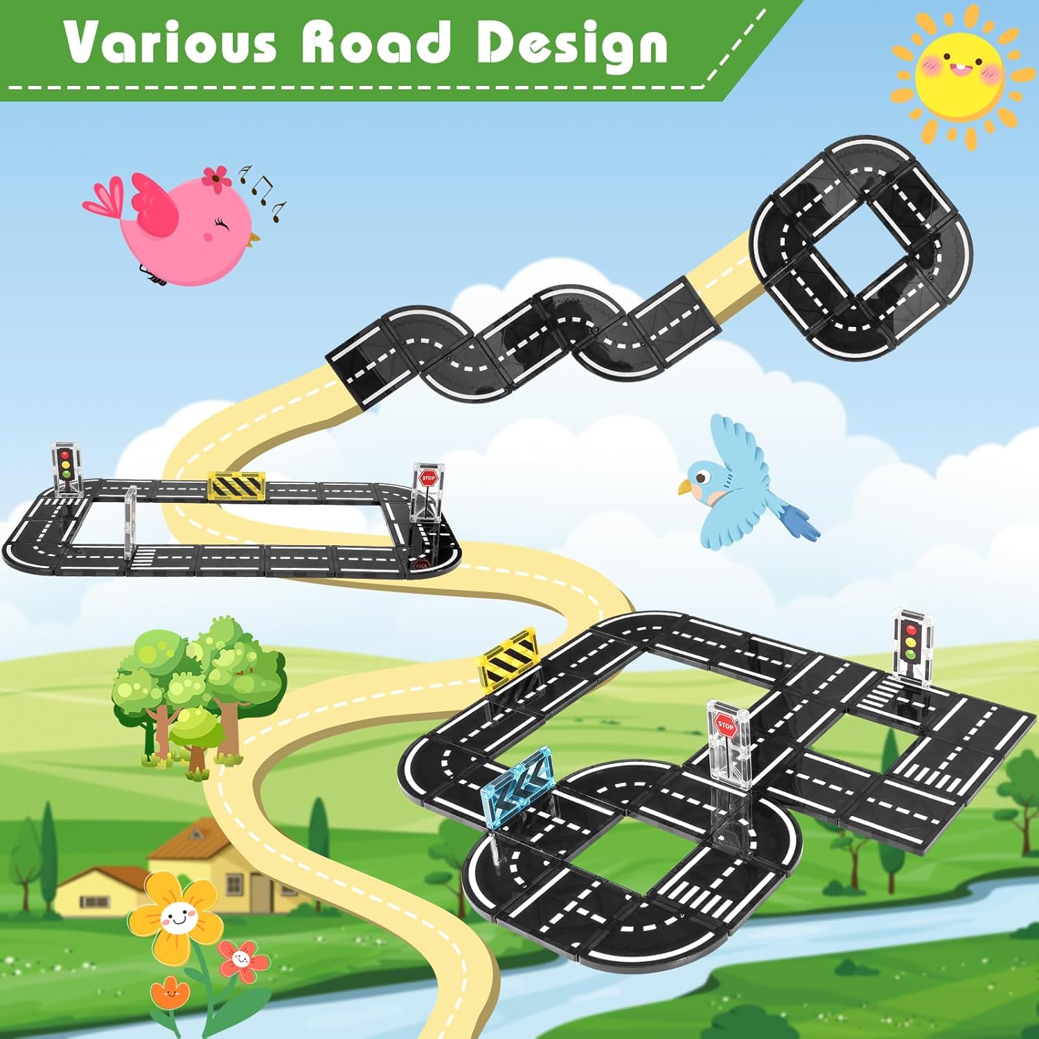 Magnetic Tiles Road Expansion Pack 48 PCS, Magnet Road Tiles for Kids Ages 3-5 4-8 5-7, Expansion Magnetic Building Blocks Educational STEM Creativity Toys 3+ Year Old Boys & Girls Toddlers Kids Gifts