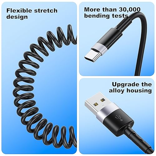 Miniatura 5 de CarPlay - Paquete de 2 cables de carga en espiral USB A a USB C para iPhone 15, cable de carga corto para automóvilUber, sincronización de datos,