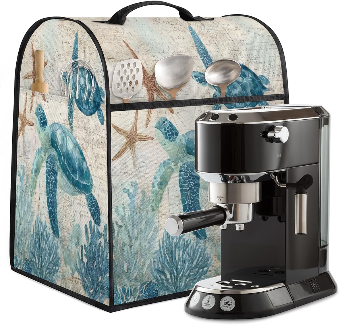 Vintage Ocean Turtle Kitchen Aid Mixer Cover with 4 Pocket Stand Mixer Dust Cover Compatible with 5-8 Quart Fits All Tilt Head & Bowl Lift Models, for Kitchen Aid Accessories And Attachments,A-19