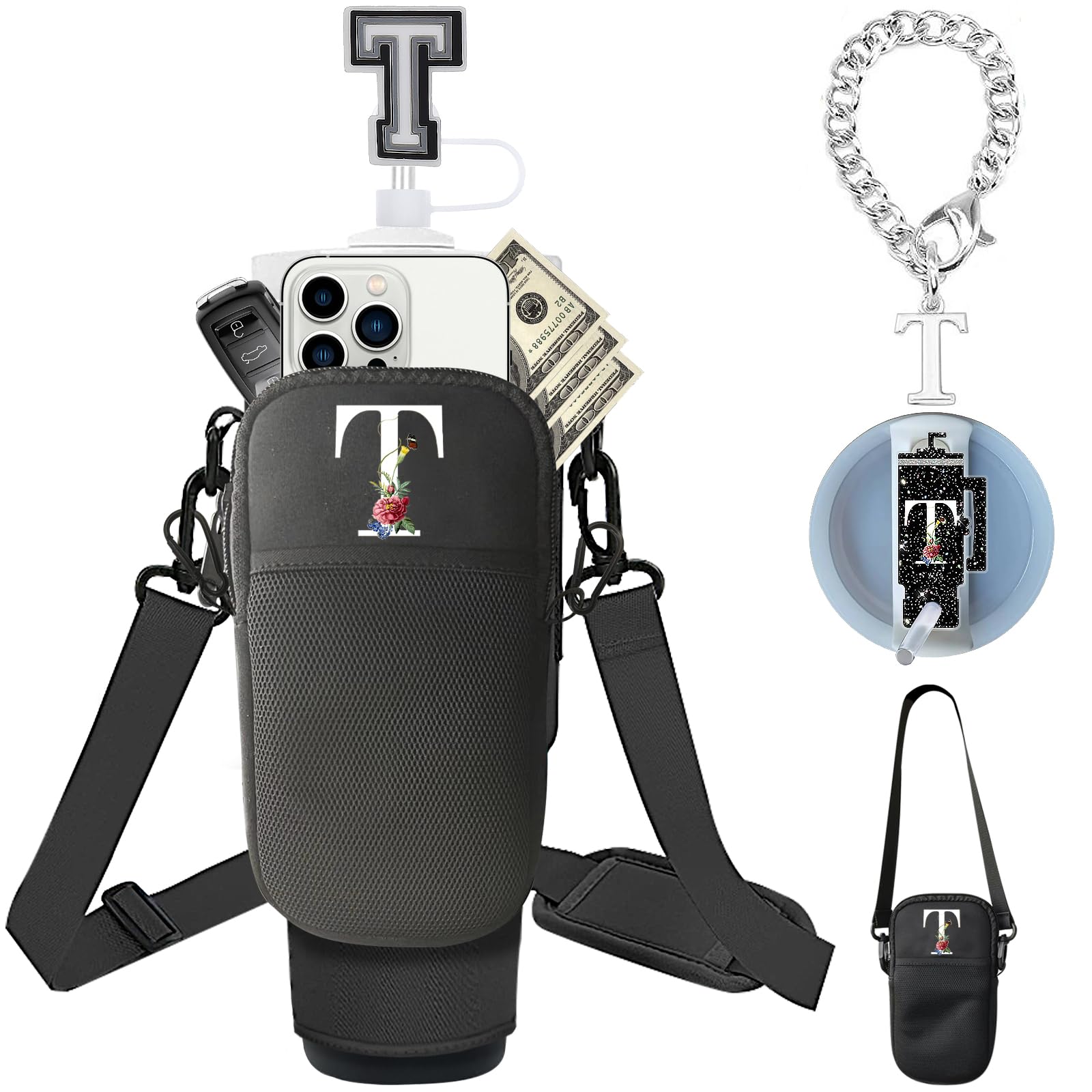 Initial Water Bottle Carrier with Strap for Stanley Tumbler Accessories 40oz 31oz, Stanley Cup Holder with Purse, Charms & Name Plate for Lid & Straw