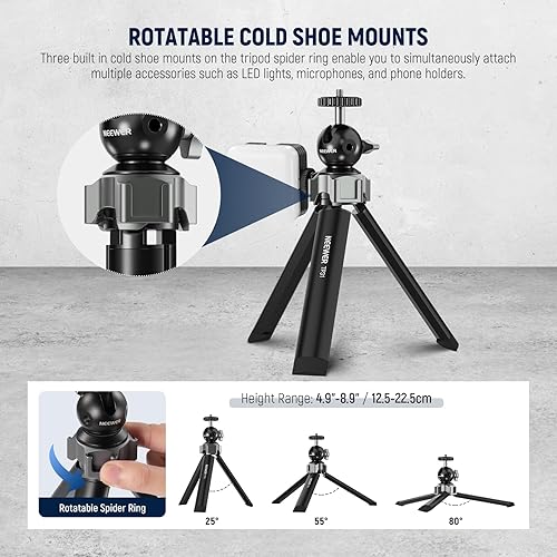 Miniatura 3 de NEEWER Mini trípode de metal para cámara con cabeza de bola giratoria de 360 3 soportes de zapata fría, trípode de viaje de escritorio con tornillo