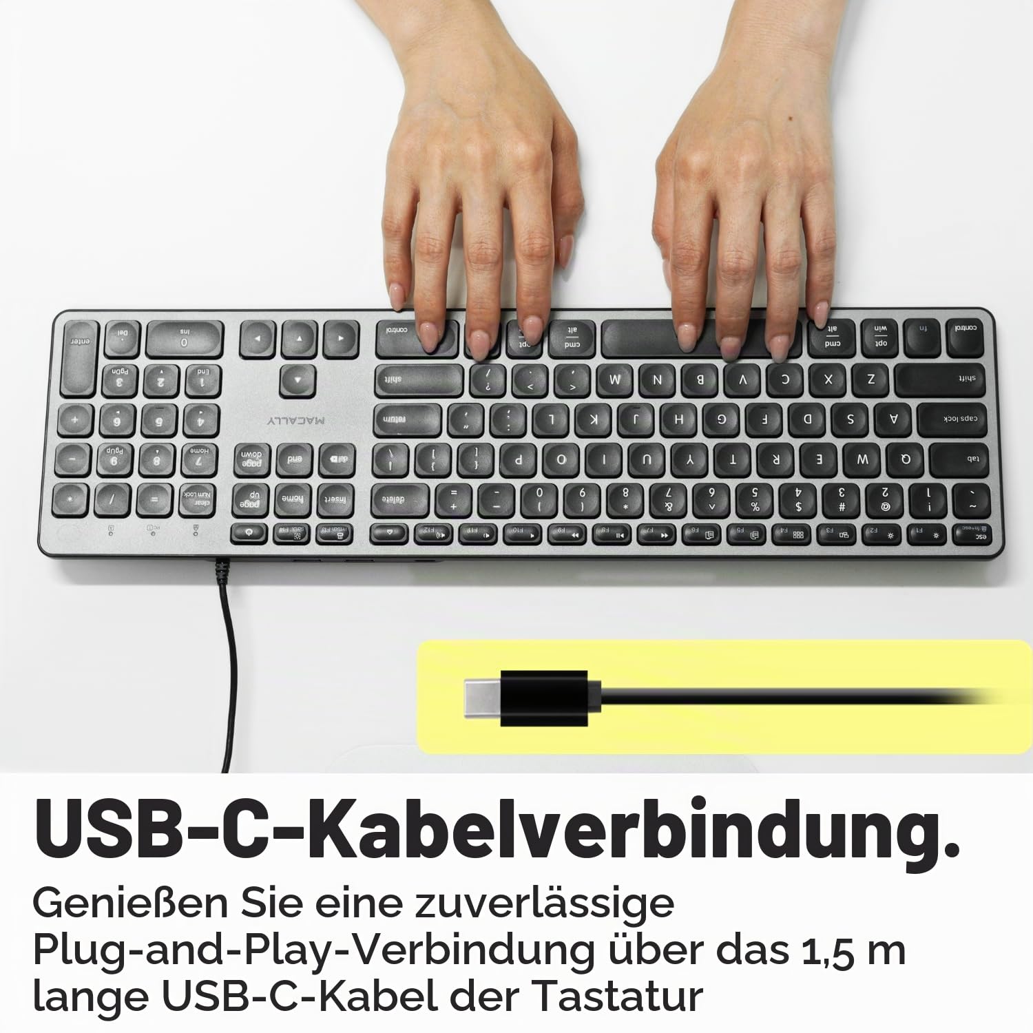 Macally UCZKEYHUBACSG, erweiterte USB-C Tastatur mit 2 USB-A & 1 USB-C Ports und US QWERTY Layout, Space Grey