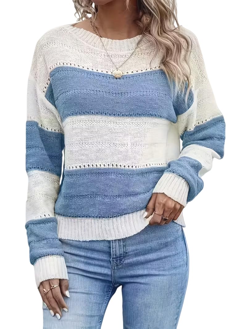 Womens Striped Knit Sweater Blue and White Color Block Pattern Long Sleeve Crew Neck Pullover Casual Winter Wear