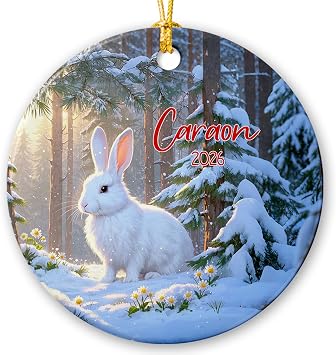 Customized Name Rabbit Lover Xmas Ornament Gift, Rabbit Winter Forest Animal Ceramic Ornament Christmas 2026, Personalized Bunny Christmas Ornaments Gifts for Animal Lovers Kids, Rabbits Tree Decor