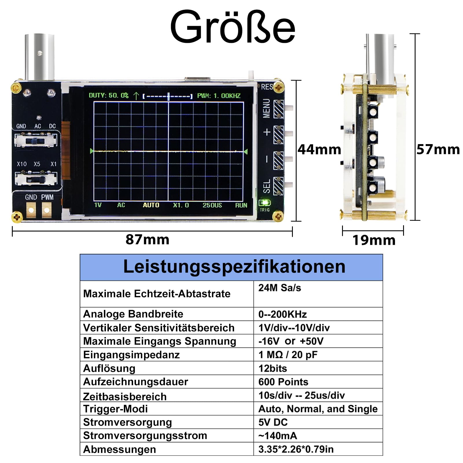 Treedix Handheld Digitales Mini-Oszilloskop-Kit mit 2,4'' LCD-Bildschirm, 3 Trigger-Modi, 24MSa/s hoher Abtastrate, 200 kHz Bandbreite, X10/X5/X1 Empfindlichkeit, GND/AC/DC Kopplungsmethode