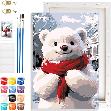 GHHKUD Bear Paint by Numbers with Frame for Adults Beginners, DIY Winter Paint by Numbers for Age 6-12, Art on Canvas Gifts Home Wall Decor 8x12in