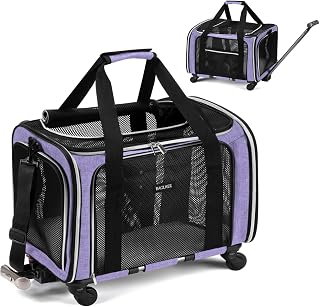 BAGLHER Dog Carrier Bag with Wheels,Airline Approved Soft Side Pet Travel Rolling Small Medium Dog Carrier with Fleece Pad for Hiking Picnic Purple