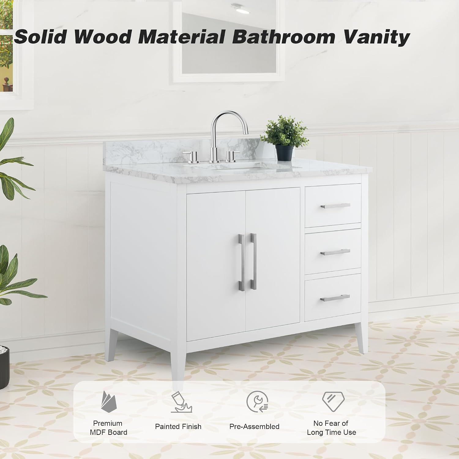 Vanity construction showing solid wood frame and MDF material