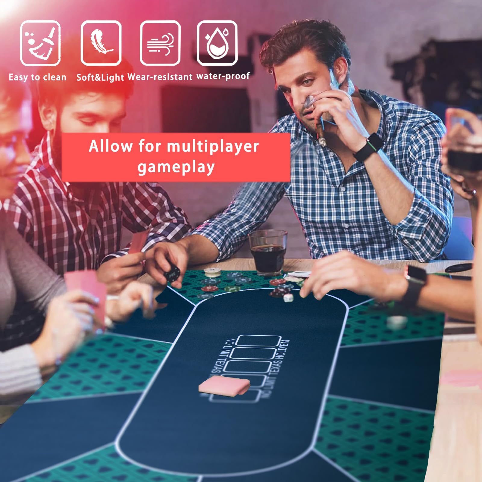 Tapis de poker 180,3 x 88,9 cm pour table, surface lisse et hydrofuge, fond en caoutchouc antidérapant, tapis de poker Texas Hold'em pliable, essentiel pour le jeu de cartes, sac de transport/de