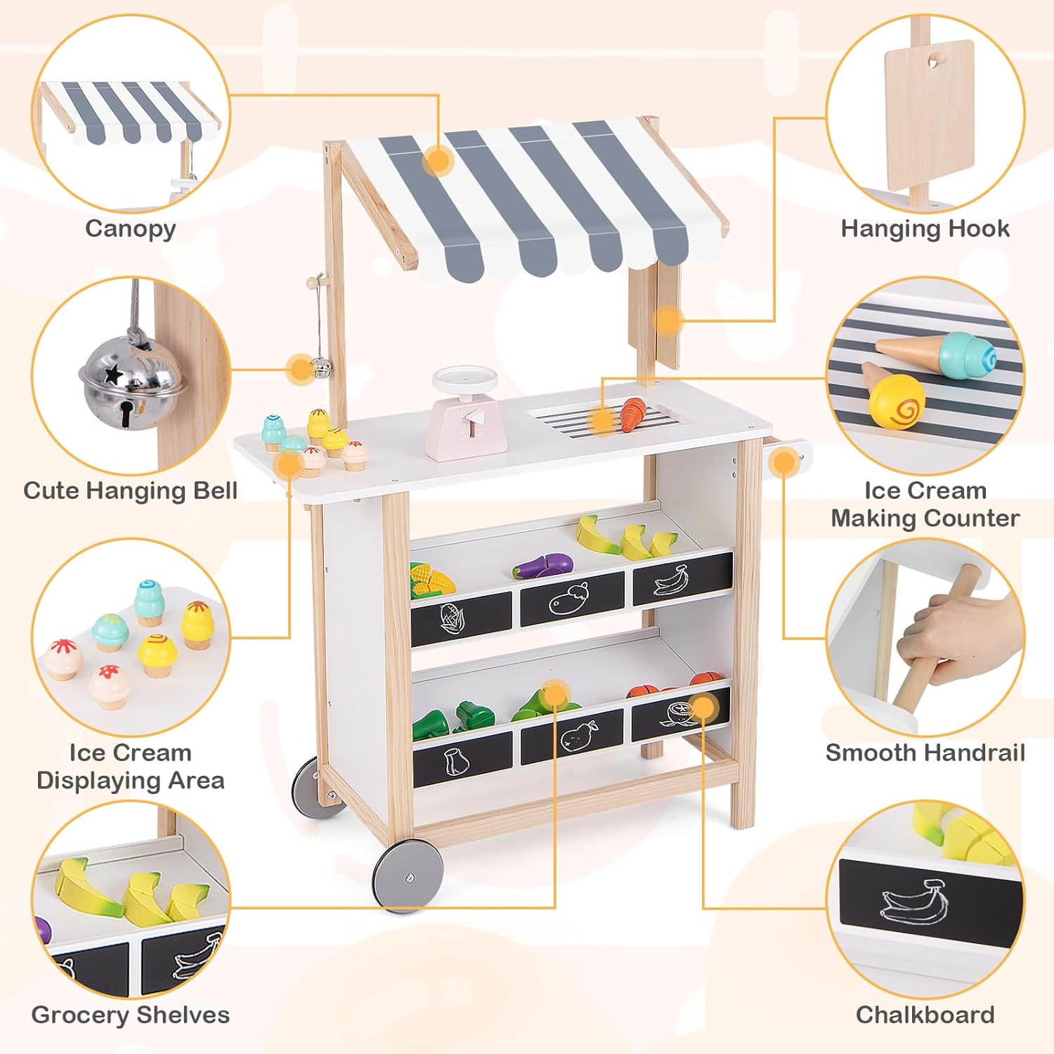 GLACER Ice Cream Cart for Kids - Wood Grocery Store Pretend Play with Making Counter, Produce Scale, Chalkboard, Bell, Wheels, Canopy, Portable Ice Cream Stand for Boys Girls (White)