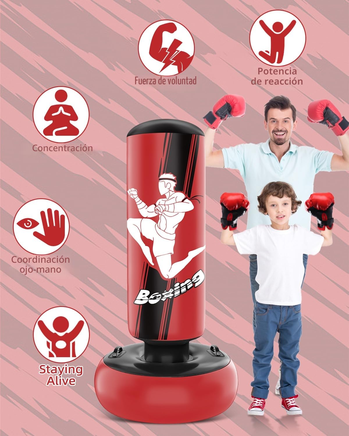 Saco Boxeo Niños, Punching Ball 160cm Inflable con Guantes de Boxeo para la práctica de MMA Karate Taekwondo, Regalo Ideal para Niños y Niñas de 6-12, Rot
