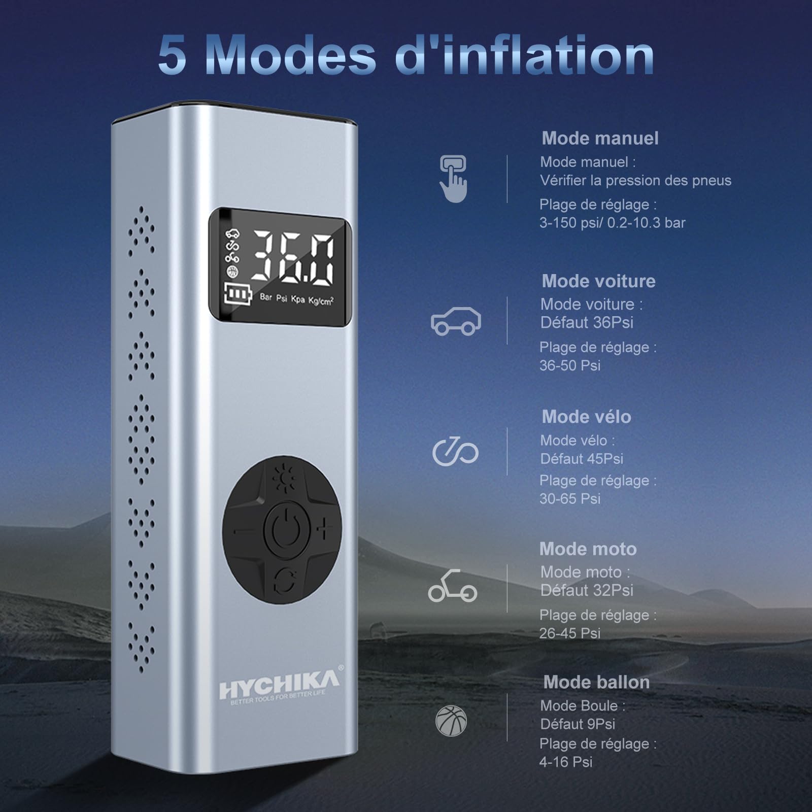 HYCHIKA Mini Compresseur à Air Portatif, 12V 6000mAh Gonfleur Pneus Voiture Gonfleur Electrique Pompe a Velo 150PSI avec Écran LCD + Lampe LED, 4 Modes pour Voiture, Velo, Moto, Balle