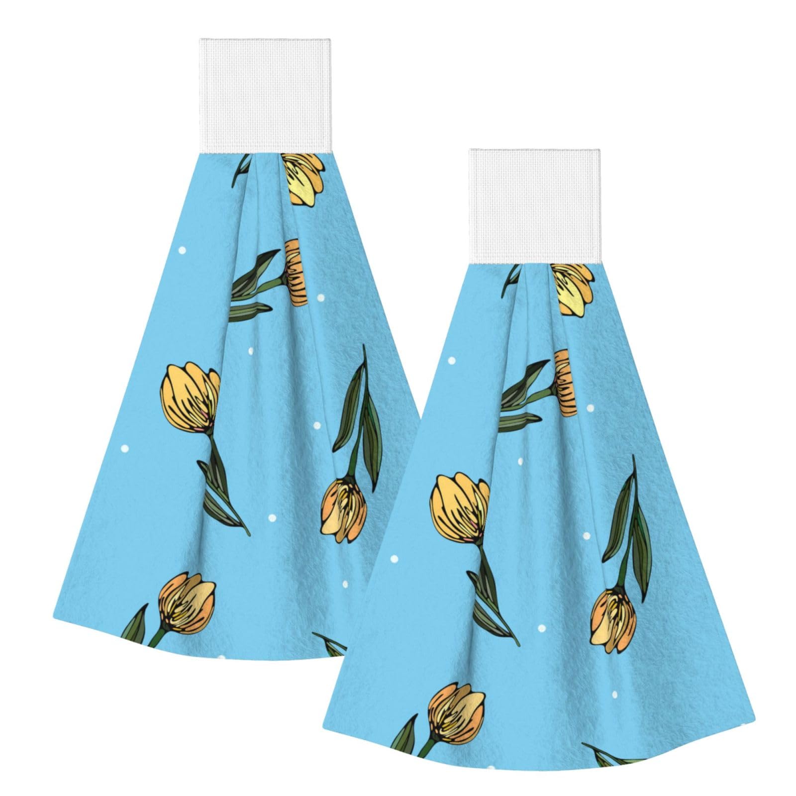 DOPKLNA Hand Drawn Yellow Tulips, 2 Pcs Hanging Coral Fiber Hand Towels for Bathroom, Absorbent Kitchen Towels