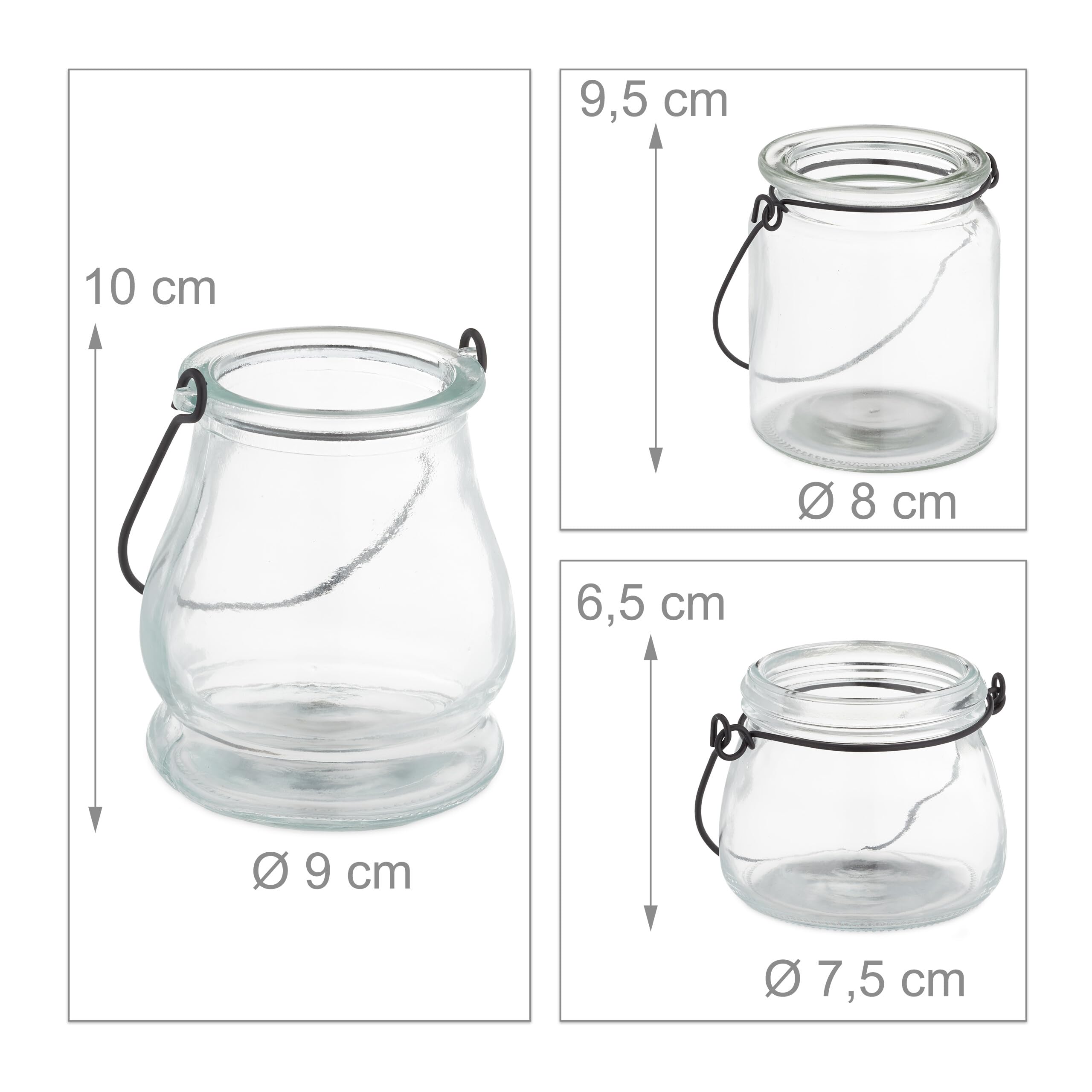 Relaxdays Photophore en Verre, Lot de 12, Porte-Bougie avec Anse Noire, 3 Tailles, Rond, Transparent