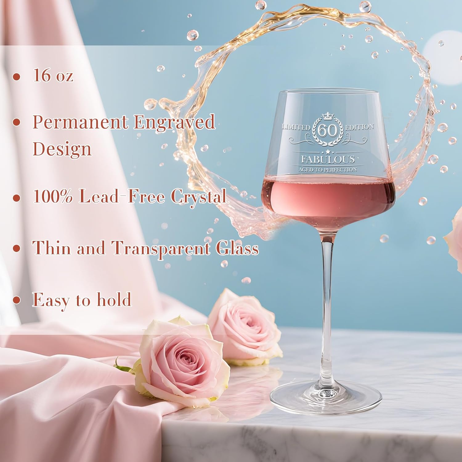 60TH Birthday Gifts for Women,Vintage Engraved 60th Wine Glass,60 Year Old Birthday Decorations For Her,60&Fabulous Sash and Tiara For Women,Friends,Sister-Turning 60th Party Favor Supplies - Image 4