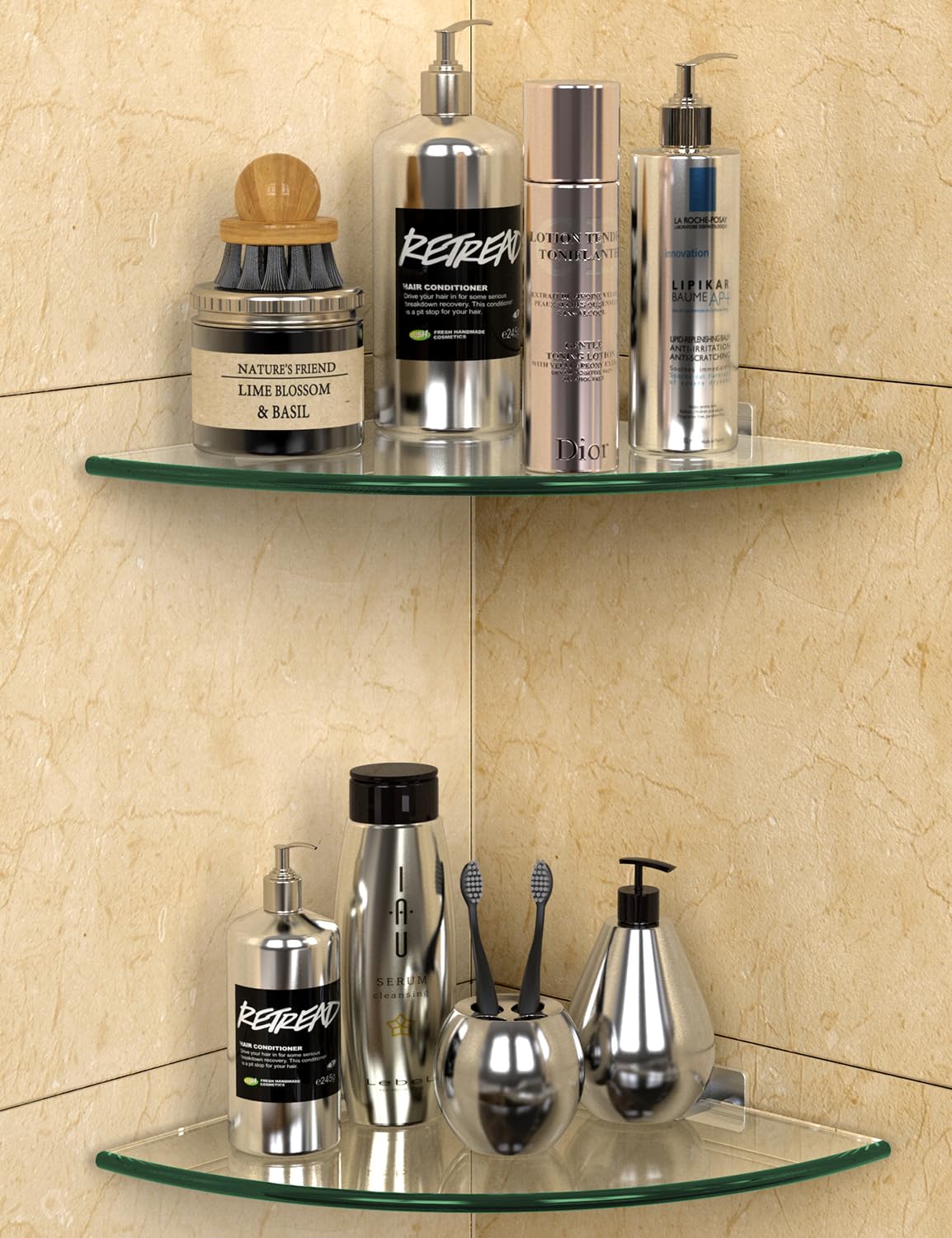 Bakzon Glass Corner Shower Shelves (2-Pack) - No-Drill Shower Caddy Organizer & Bathroom Storage, Tempered Glass with Rustproof Aluminum Brackets for Inside Shower