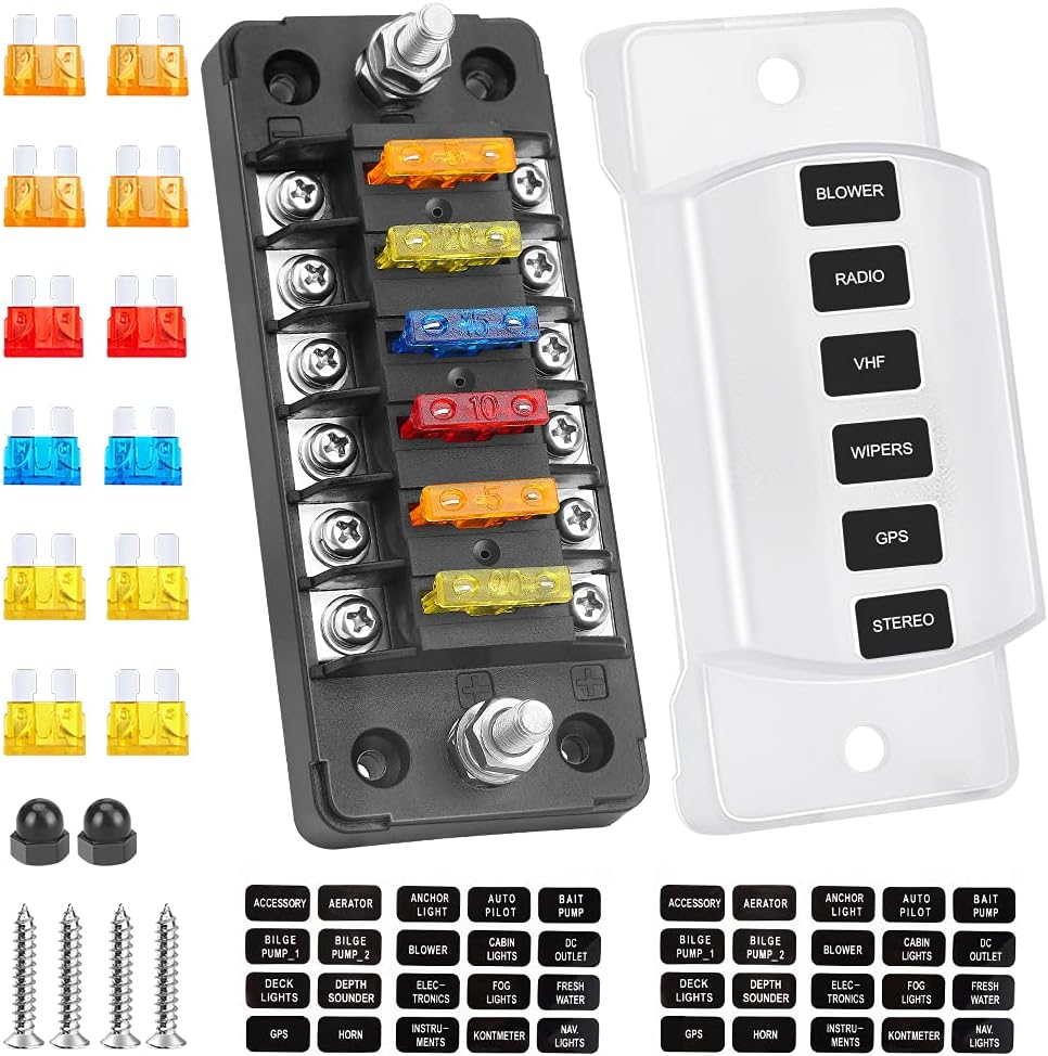 Electop 6 Way Fuse Block Blade Fuse Box with Negative Bus, 6 Circuit Fuse Holder Fuse Block w/Negative Bus, Waterproof Protection Cover Sticker Labels for 12V/24V Automotive Car Truck Boat Marine RV