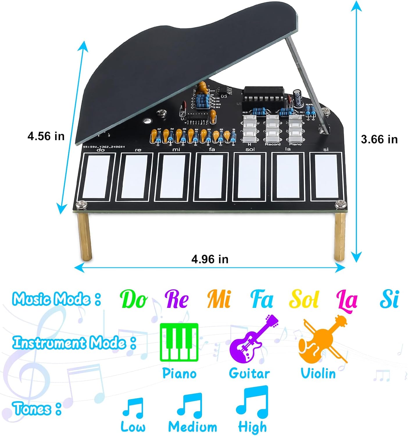 Diagram showing the dimensions of the assembled MiOYOOW DIY Electronic Piano Kit and its various music modes, instrument modes, and tone settings.